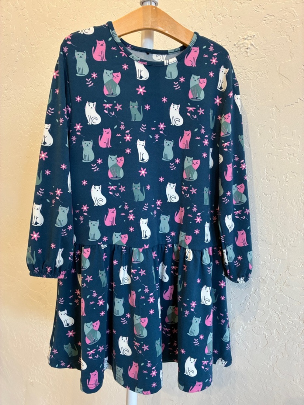 deux par deux Navy Cat Print Long Sleeve Casual Dress with Pink & Teal Accents